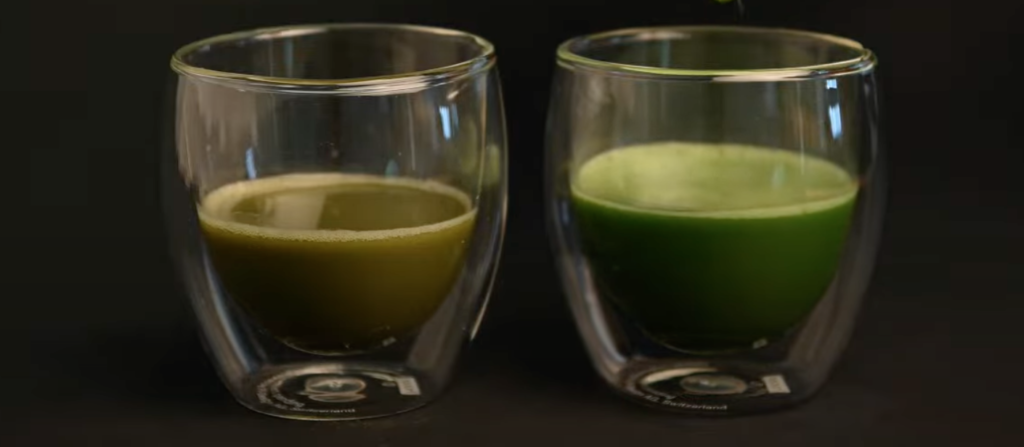 Low quality matcha (left) and high quality matcha (right)